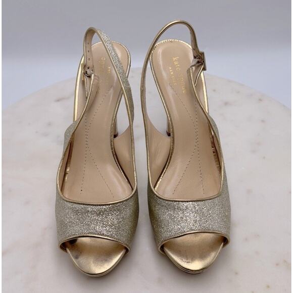 Kate Spade NY Gold Glitter Slingback Pumps 8 Open Toe Holiday Party Heels - Picture 10 of 11